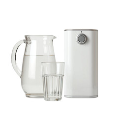 Modern water dispenser with glass pitcher and drinking glass for pure hydration