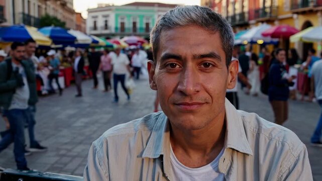 Man in vibrant market smiles at camera. Streets filled with colorful stalls and bustling crowds create lively atmosphere. Captivating scene showcases local culture and daily life.