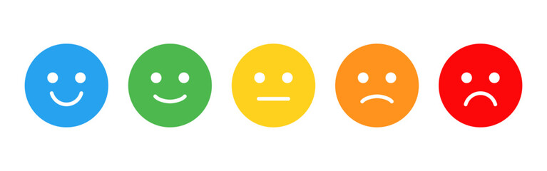 Expression rating icon. Colorful smile, neutral and sad face reactions for feedback and mood assessment vector. Clear expression options for surveys and UI evaluation sign. Simple emotion concept