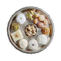 Traditional middle eastern and indian sweets with nuts on a decorative silver platter.