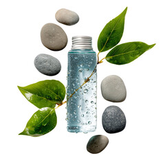 Refreshing natural skincare bottle, wet leaves, smooth pebbles. natural wellness.