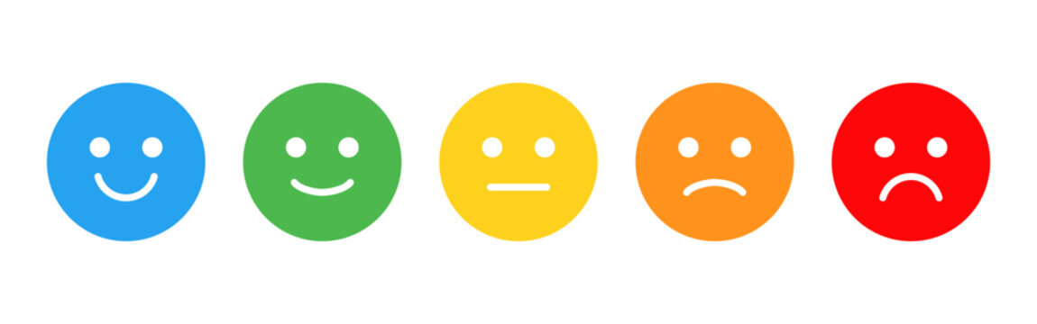 Expression rating icon. Colorful smile, neutral and sad face reactions for feedback and mood assessment vector. Clear expression options for surveys and UI evaluation sign. Simple emotion concept