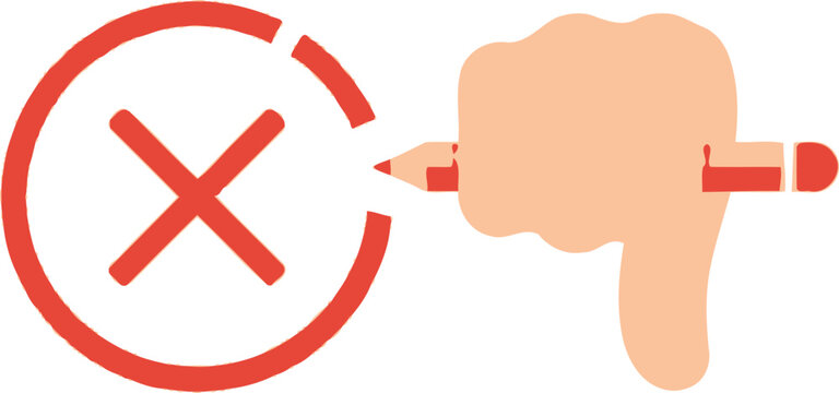 Red Cross Mark Drawn by Caucasian Hand Holding Pencil on Isolated White