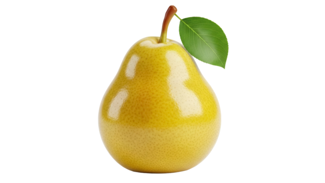 Ripe yellow pear PNG isolated on transparent background, fresh fruit with stem and leaf for healthy eating and food design