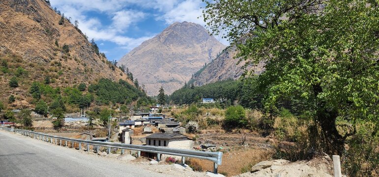 Great mountain views with snow-capped peaks under the blue sky in the trip to Mustang Nepal
