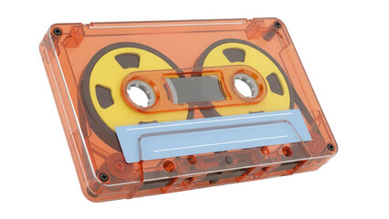 Orange cassette tape isolated PNG on transparent background, retro audio music storage device for vintage technology and entertainment