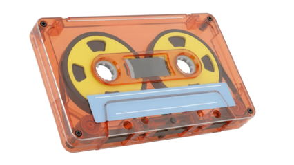 Orange cassette tape isolated PNG on transparent background, retro audio music storage device for vintage technology and entertainment