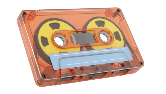 Orange cassette tape isolated PNG on transparent background, retro audio music storage device for vintage technology and entertainment - Powered by Adobe