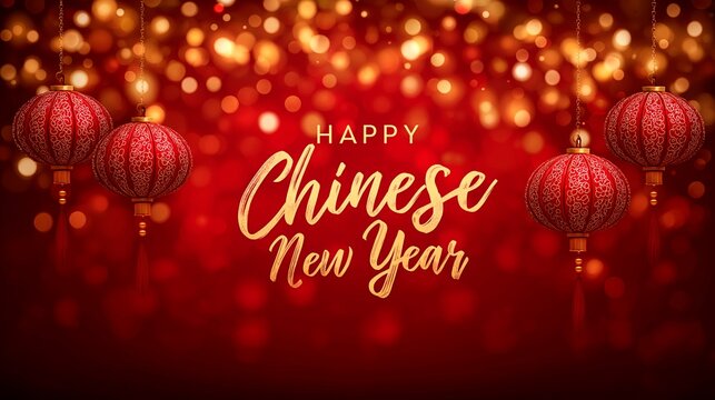 Chinese New Year greeting with red lanterns and golden bokeh festive background