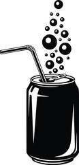 Black and White Vector Icon of Soda Can with Straw and Bubbles Representing Carbonated Beverage and Refreshment
