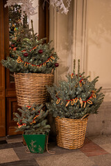 Festive Decor with Basket Trees and Ornaments