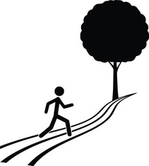 Black and White Vector Icon of Person on Curved Path Toward Tree Representing Journey and Connection with Nature

