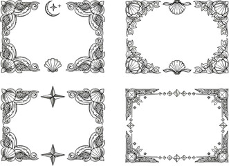 Obraz premium Seashells Stars Frames Collection Vintage Ornate Sketchy Black And White Decoration