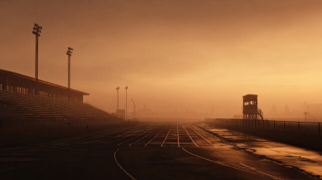 Empty running track at sunrise, foggy