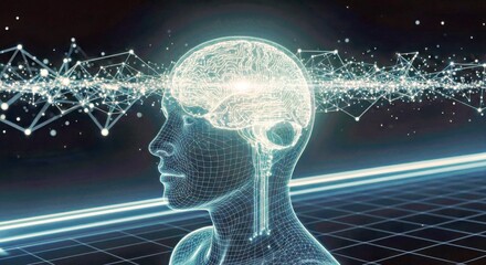 Digital Human Head Neural Network Futuristic Tech Data Holographic Cybernetic Illustration