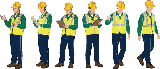 Construction workers in safety gear performing various job site actions, illustrated in vector style for industrial, educational, and design use.