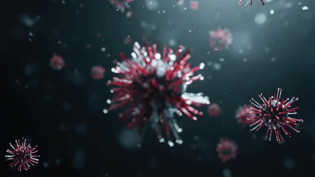 Virus particles with spike proteins floating in a dark blue background