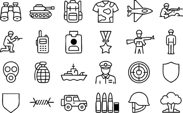 Line art military icon set showing tank, binoculars, backpack, camouflage shirt, fighter jet and soldiers in a centered grid with thin uniform black stroke, schematic style
