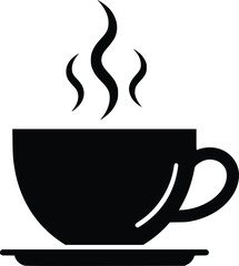 Black and White Vector Icon of Steaming Cup on Saucer Representing Hot Beverage and Hospitality
