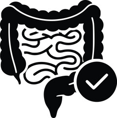 Black and White Vector Icon of Human Intestines with Checkmark Representing Digestive Health and Medical Approval

