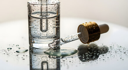Glass of Water with Dropper and Water Droplets.