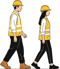 Construction workers wearing safety gear walking side by side isolated on white background vector illustration for industrial workplace safety concept