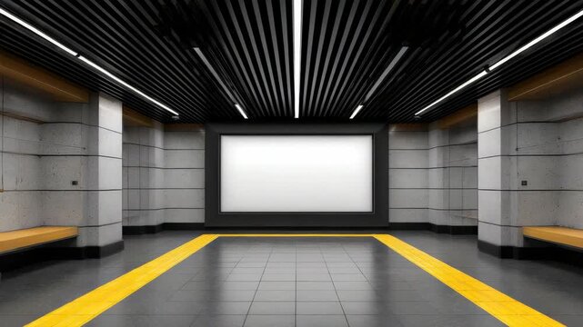Indoor Space with Fluorescent Lighting Fixtures in the Ceiling and a Blank Advertisement Sign on the Wall Near to Cement Poles and Yellow Bench
