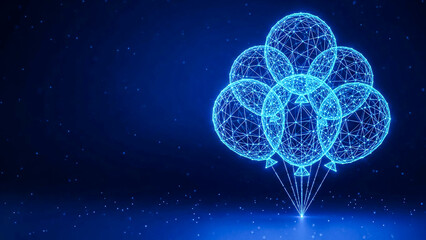 Futuristic digital wireframe balloons glow with electric blue light against a deep blue cosmic background, symbolizing innovation, virtual celebration, and data.