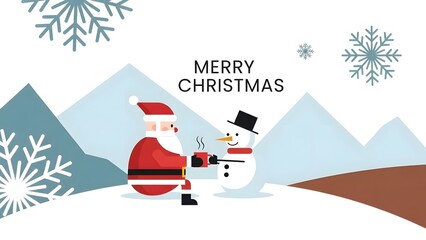 Santa and snowman sharing a hot drink in a winter scene with mountains and snowflakes background