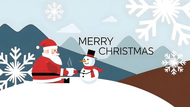 Santa and snowman sharing a warm drink in a snowy christmas landscape with merry christmas text - Powered by Adobe