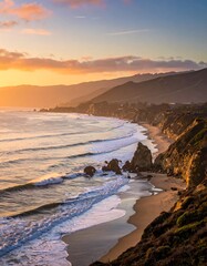 Stunning Coastal Sunset Over Rocky Beach and Ocean Waves.