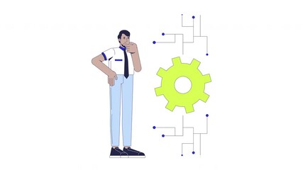 Confused man analyzing algorithmic process 2D animation. Indian data scientist looking puzzled at gear mechanism automation animated character cartoon flat concept metaphor 4K video isolated on white