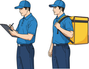 Delivery workers in blue uniform with clipboard and insulated backpack performing logistics and food service tasks in urban outdoor setting