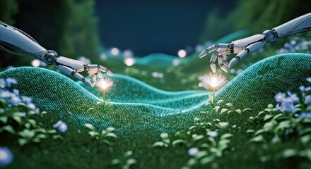 Futuristic Robotic Hands Reaching for Illuminated Dandelions in Neon Grass Field