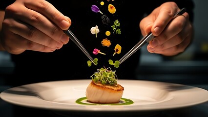 Gourmet chef's hands delicately garnishing seared scallop with microgreens.