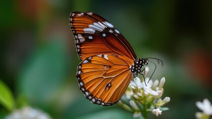 Obraz premium A close-up shot of a solitary butterfly perched on a delicate flower, isolated on a soft blurred background, capturing every detail of the wings.