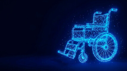 Futuristic blue digital wireframe wheelchair illuminates against dark background, symbolizing innovation, support, and inclusive design in modern healthcare.