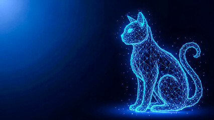 A stylized representation of a cat formed by glowing blue lines and nodes, set against a deep blue backdrop with scattered light effects, conveying futuristic themes.
