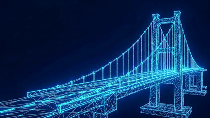 A detailed 3D digital blueprint of a suspension bridge, constructed from glowing neon blue polygonal lines, represents modern engineering and abstract design.