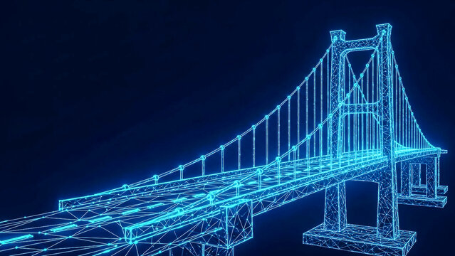 A detailed 3D digital blueprint of a suspension bridge, constructed from glowing neon blue polygonal lines, represents modern engineering and abstract design.