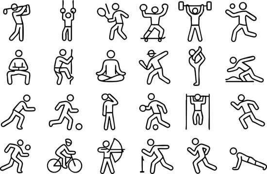 Minimalist line icon set close up showing twenty four athletic pictograms in grid cyclist archer weightlifter basketball dribbler soccer kicker yoga pose push up running dynamic