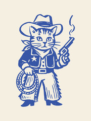 Cowboy cat with lasso cartoon sketch vector illustration