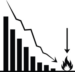 Black and White Vector Icon of Collapsing Bar Graph with Flame Representing Financial Crisis and Performance Failure
