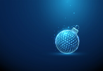 Futuristic Christmas ornament lying on its side. Low poly geometric structure, glowing wireframe connections, abstract modern holiday concept.