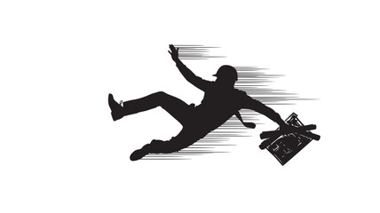 Dynamic silhouette of construction worker falling with blueprints for safety awareness campaigns, illustrating accident prevention and workplace hazards in construction