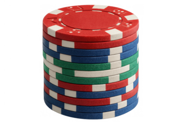 Stack of colorful casino poker chips symbolizing gambling, betting, risk, and games of chance, transparent background