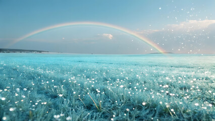 Magical rainbow arcing over a sparkling ocean field