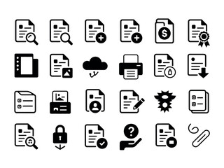 A collection of diverse document icons symbolizes various actions and functions related to file management and information handling.