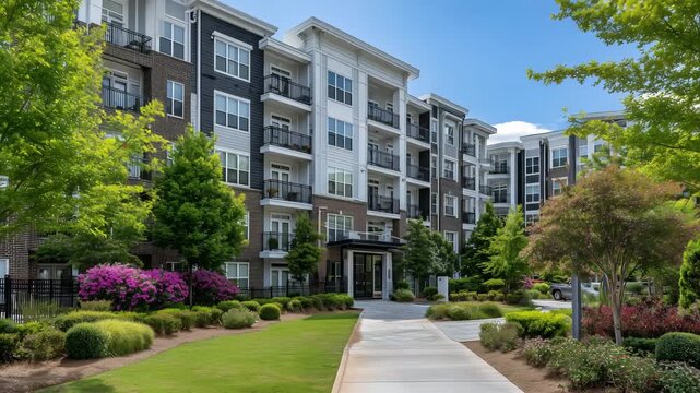 Chic urban residential property with alternating brick and siding patterns, layered balconies, and bright green lawns, modern multifamily structure blending comfort and design in a