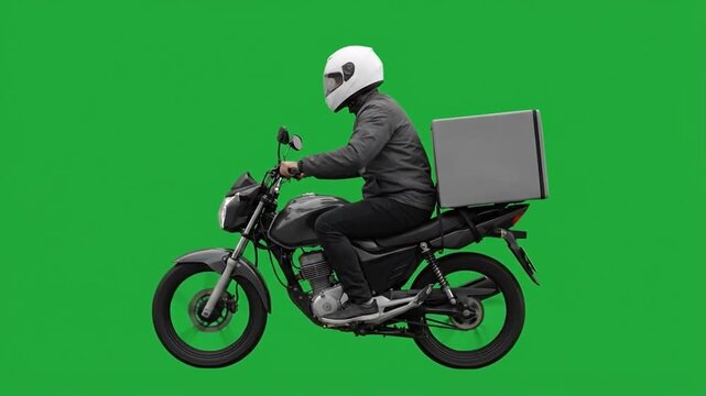 A person rides a motorcycle with a delivery box on a green screen.